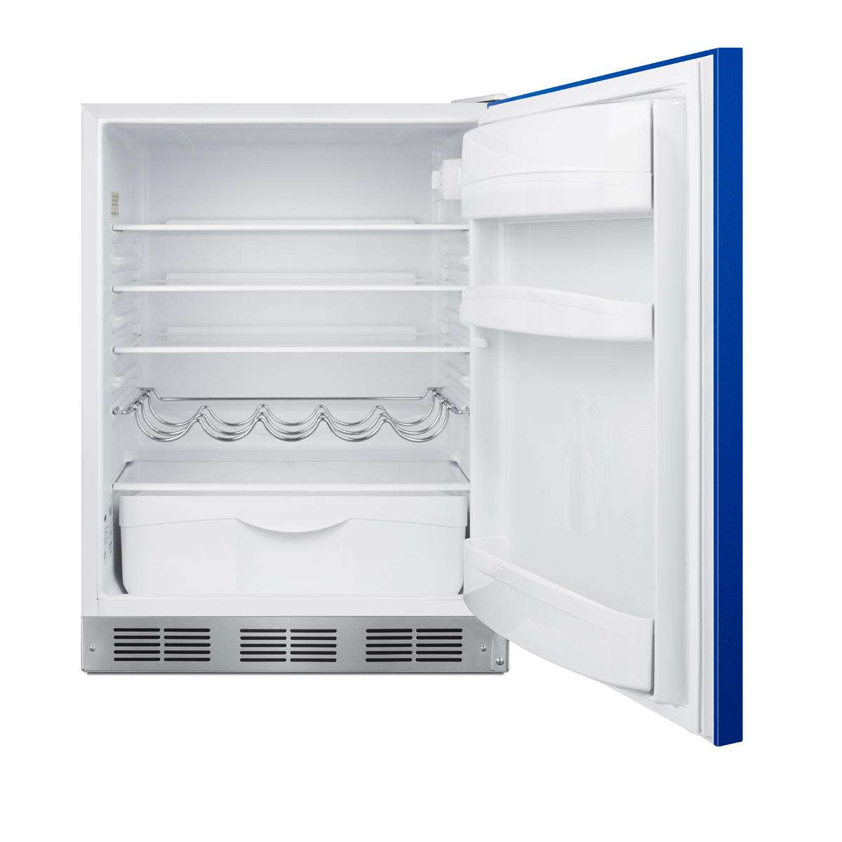 24 in. wide ADA height all-refrigerator for residential use, auto defrost with an cobalt blue door, stainless steel handle, and white cabinet